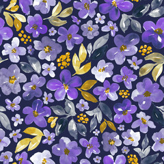 Watercolour floral in purple and yellow. Seamless pattern.  - 789859165