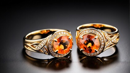 pair of gold rings with orange gemston plain black background from Generative AI