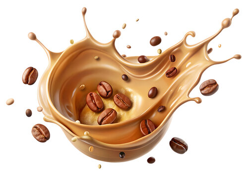 Coffee Swirl Splash With Falling Beans on Transparent Background