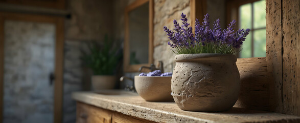 Serene Country Bathroom with Stone Accents and Lavender Pot in Rustic Interior Design Setting - Nature-inspired Realistic Photo Stock