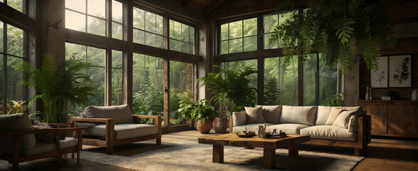 Fototapeta na wymiar Rustic Radiance: A Natural Living Room with Exposed Beams and Sunroom Filled with Ferns - Realistic Interior Design with Nature