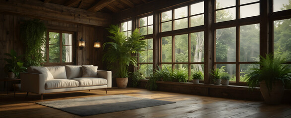 Rustic Relevance: A Vibrant Living Space with Exposed Beams and Lush Sunroom Foliage - Realistic Interior Design with Nature