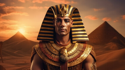 Close-up portrait of an Egyptian pharaoh in royal attire and his entourage. Ancient Egypt concept. Ai-generated.