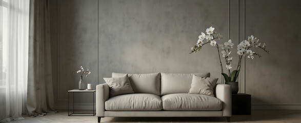 Natural Tranquility: Minimalist Scandinavian Living Room with Orchid, Realistic Interior Design and Nature Photography