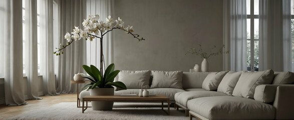 Modern Scandinavian Living Room with Clean Lines and Delicate Orchid, Realistic Interior Design with Nature. Minimalist Serenity. Stock Photo Concept. - obrazy, fototapety, plakaty