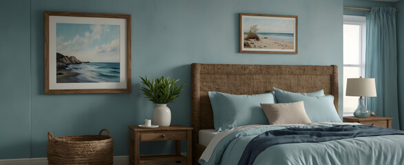 Seaside Serenity: Coastal Bedroom with Soft Blues and Seagrass Plant for a Beachfront Vibe - Realistic Interior Design with Nature Photo Stock Concept