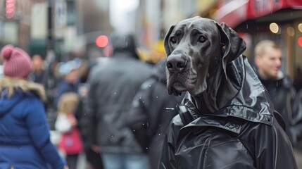 A majestic Great Dane, looking like a walking raincloud in a sleek black raincoat, calmly navigates a crowded sidewalk with its owner