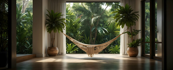 Tropical Tranquility: Brazilian Inspired Living Room with Vibrant Plants and Hammock for a Laid Back Vibe in Realistic Interior Design with Nature