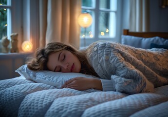 A woman sleeping on a mattress in her bedroom, a pillow under the head and arms of the girl are resting on top of it, the background shows a window with night light outside