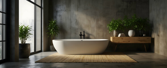 Urban Zen: Chic Industrial Bathroom with Bamboo Plant - Realistic Interior Design with Calming City Vibe