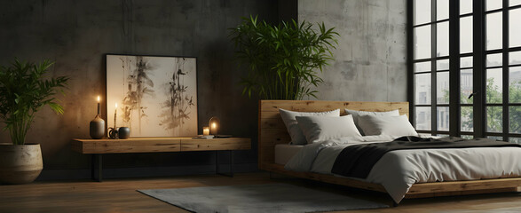 Urban Zen: Industrial Accents and Bamboo Plant in Realistic Urban Bedroom Interior Design with Nature