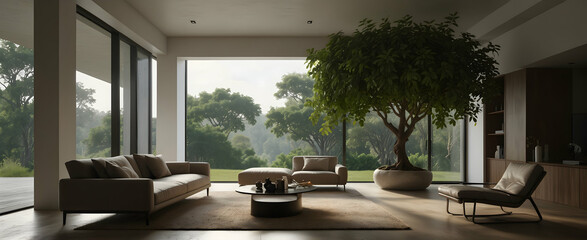 Serene Interiors: A Spacious Living Room with Verdant Views of Nature - Realistic Interior Design and Nature-themed Photo Stock Concept