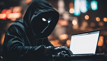 a person sitting in front of a laptop wearing Anonymous mask