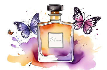 Perfume, beautiful bottle, butterflies, aroma style, watercolor illustration, fragrance