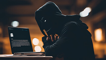 a person sitting in front of a laptop wearing Anonymous mask