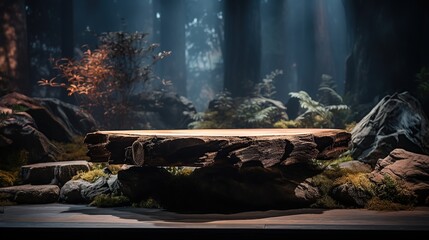A log pedestal in front of a magical forest, vibrant stage backdrops - obrazy, fototapety, plakaty