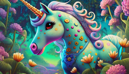 oil painting style CARTOON CHARACTER Multicolored BLUE Unicorn