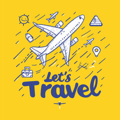 a drawing of a plane with the words let's travel