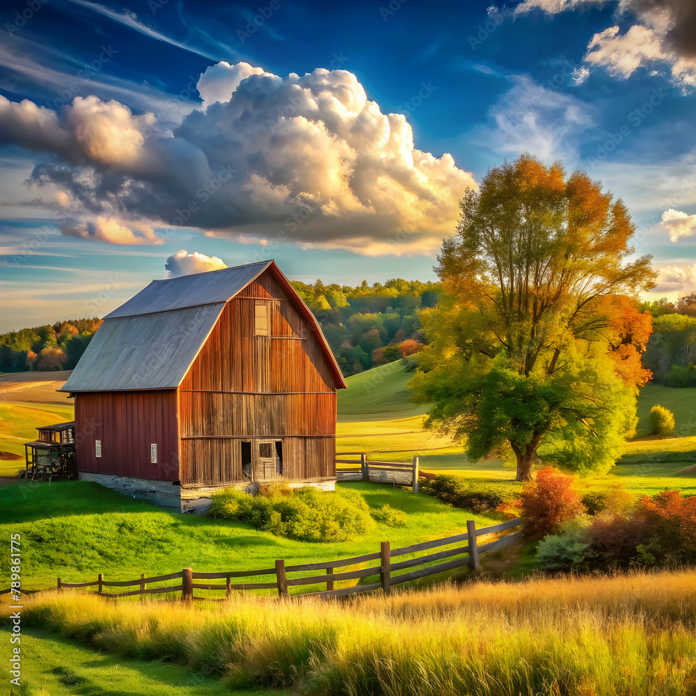 Wall mural a peaceful countryside scene with a barn