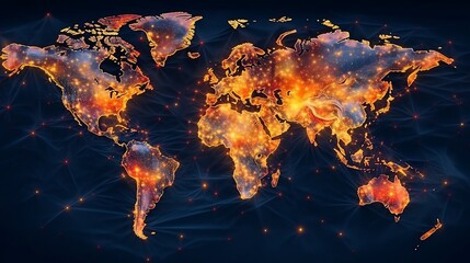 Map of the world with glowing lines and particles.
