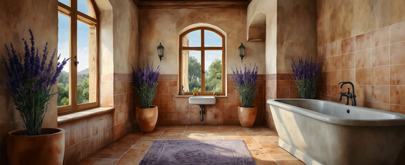 Serene Mediterranean Bathroom with Terracotta Tiles and Lavender Sprig Watercolor Hand Drawing for Realistic and Inviting Interior Design with Nature Photo Stock Construction Concept
