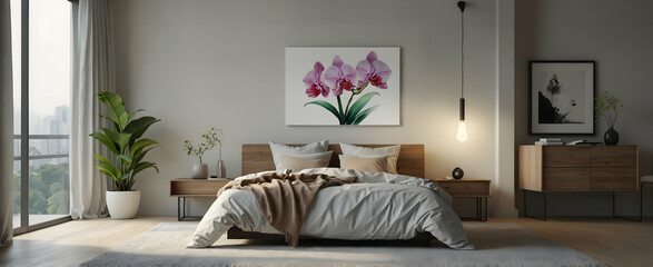 Peaceful Haven: Minimalist Watercolor Bedroom Interior with Orchid - Realistic Design Concept