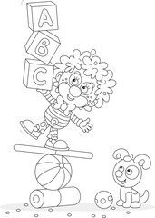 Funny curly-headed clown equilibrist playing with his small pup and balancing with children’s cubes on a colorful ball, board and cylinder in a fun circus performance, vector cartoon illustration