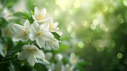 White flowers and buds on a branch with a soft bokeh background. - obrazy, fototapety, plakaty
