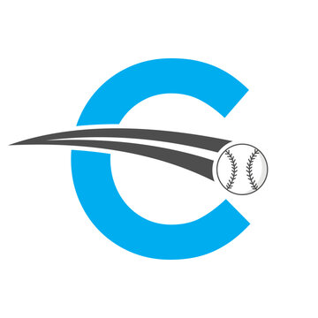 Baseball Logo On Letter C Concept With Moving Baseball Symbol. Baseball Sign