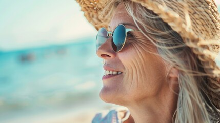 Side view of beautiful mature woman wearing sunglasses at beach. Young smiling woman on vacation looking away while enjoying sea breeze wearing straw hat.Summer concept. - Powered by Adobe