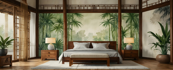 Realistic Interior Rendering of Asian-Inspired Bedroom with Watercolor Hand Drawing, Oriental Screens, and Bamboo Shoot - a Tranquil Eastern Sanctuary
