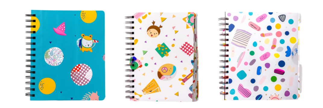 set of different school notebooks, one decorated with colorful patterns, another with cartoon characters, and the third featuring geometric designs, isolated on transparent background