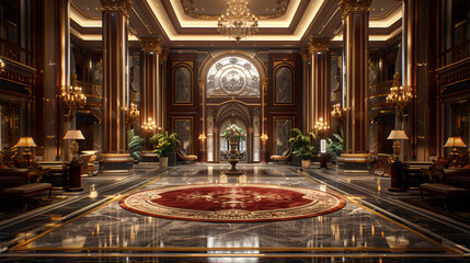 Miniature luxurious meeting hall foyer, welcoming guests with opulence.