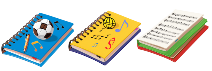set of different school notebooks, one with a sports theme, another with a science motif, and the third styled with musical notes, isolated on transparent background