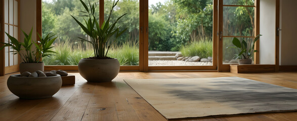 Watercolor hand drawing of serene studio with bamboo floor mats, Zen sand garden, and nature-inspired interior design - Stock photo concept