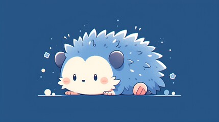 Hedgehog, flat illustration, retro, lofi, line drawing, minimalist, solid color background,blue background