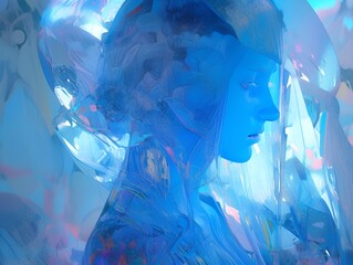 Four new photos by sabine robinson, in the style of distorted bodies, violet and cyan, sky - blue and gold, delicate chromatics, mikhail vrubel, neon - infused digitalism, album covers  - obrazy, fototapety, plakaty