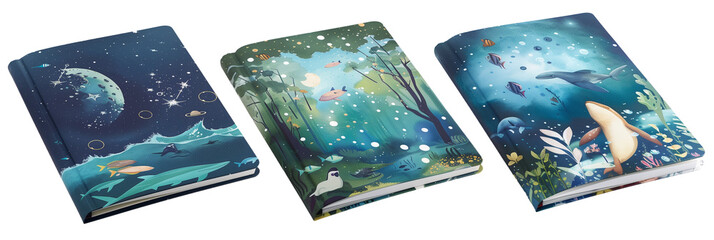 Set of school notebooks, space exploration themes, ocean life illustrations, and forest scenes,...