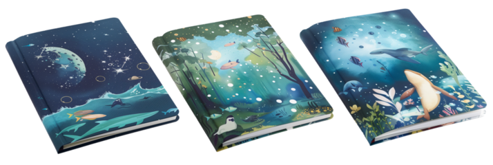 Set of school notebooks, space exploration themes, ocean life illustrations, and forest scenes, isolated on transparent background