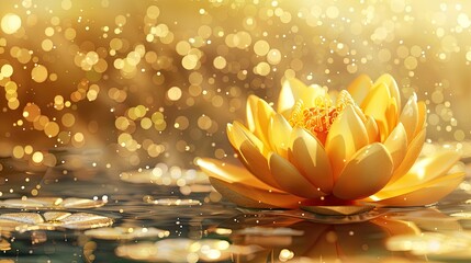 banner background Theravada New Year Day theme, and wide copy space, An elegant illustration of a golden lotus flower, symbolizing purity and enlightenment, with a serene background