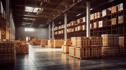 Large and light warehouse with wooden boxes for storing goods Generative AI