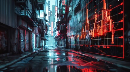 A digital art masterpiece in the cyberpunk style. A holographic stock chart, displaying a bearish trend, hangs in the foreground. Behind it, a dark alley bathed in neon light provides the backdrop.