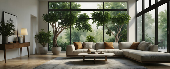 Watercolor hand drawing captures the serene verdant vista of a minimalist living room with expansive windows framing a single lush ficus tree - realistic interior design with nature concept.
