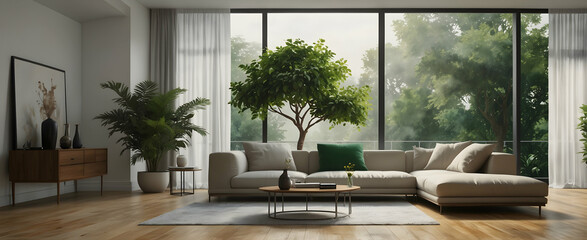 Watercolor Hand Drawing of Verdant Vista: A Minimalist Living Room with Expansive Windows Framing a Lush Ficus Tree - Realistic Interior Design with Nature Elements