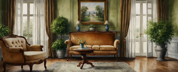 Realistic Watercolor hand drawing of Vintage Victorian living room with antique furnishings and classic topiary, reflecting timeless elegance - Interior Design and nature concept