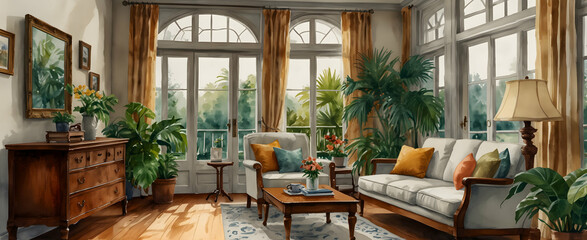 Fototapeta na wymiar Watercolor hand drawing of vintage inspired living room with antique furnishings and conservatory with tropical plants. Realistic interior design with nature concept.