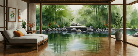 Zen Harmony: Open Plan Living with Bamboo Accents and Tranquil Koi Pond - Realistic Watercolor Hand Drawing in Interior Design Concept