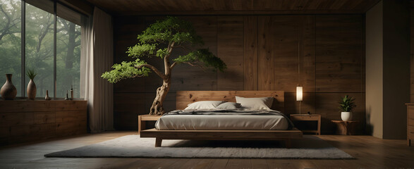 Serene Bedroom with Wooden Accents and Bonsai Tree: Realistic Interior Design Inspired by Whispering Woods and Nature