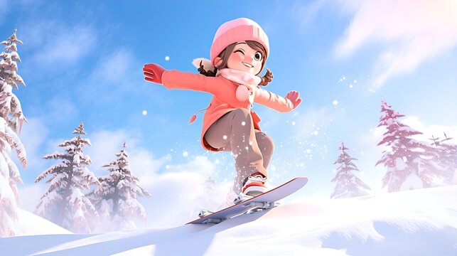 A super happy cute girl skiing with a tall snowy mountain and snowy trees behind her, snowboarding, ski clothes, ski goggles, splashing snowflakes, blue sky, medium shot