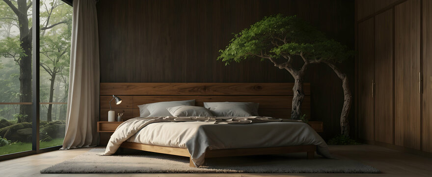 Nature-Infused Bedroom: Realistic Interior with Whispering Woods Ambiance and Wooden Accents, featuring a Bonsai Tree - Stock Photo Concept